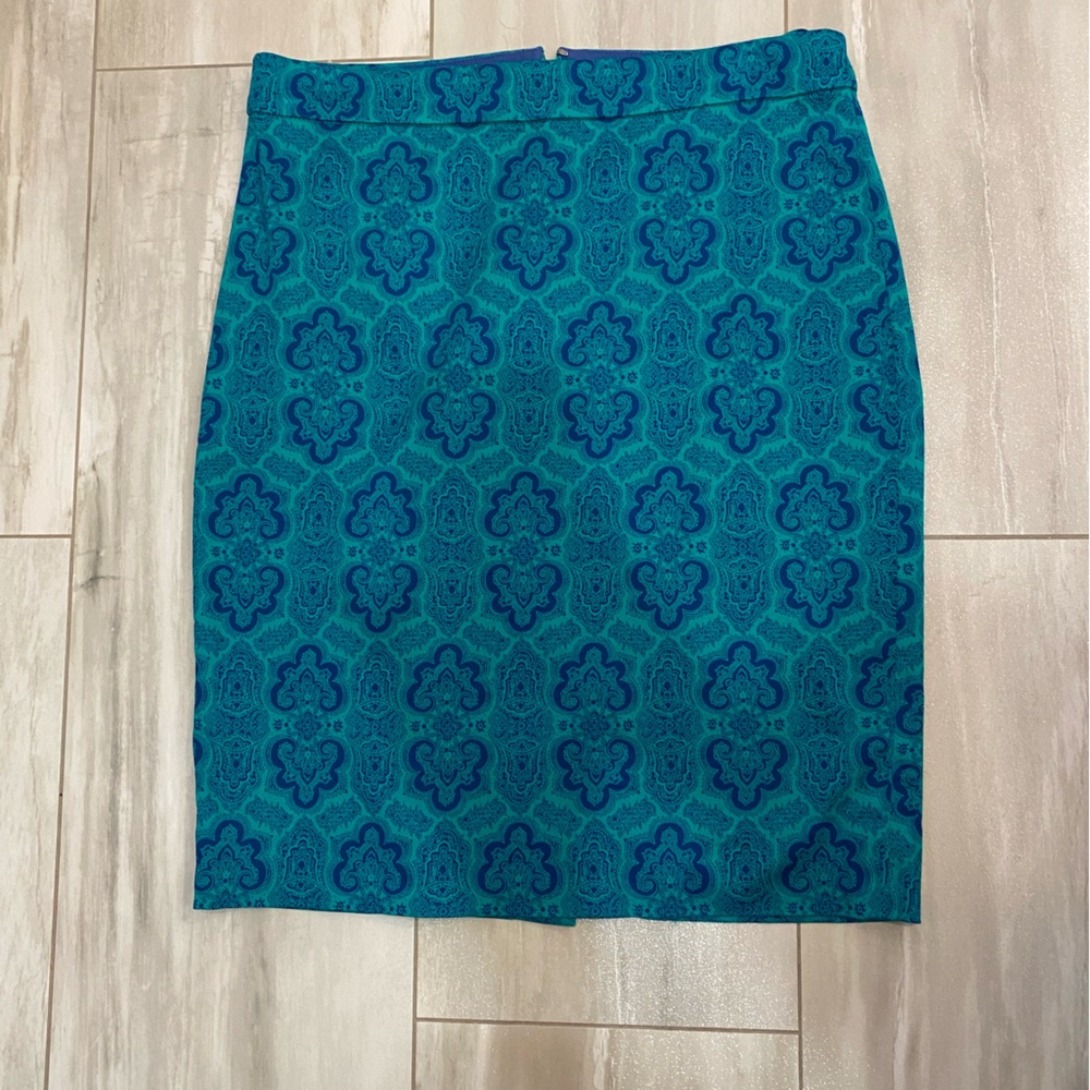 J.Crew Dark Navy, Aqua and Green Printed Medallion Career Pencil Skirt Size 4